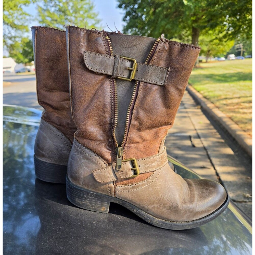 Wanted Barney Women’s Moto Boot 8.5 Brown Mid-Calf Zip Buckle Faux Fur Lined
